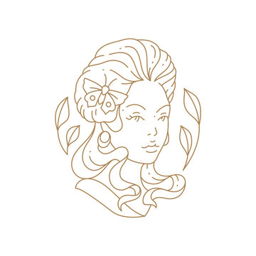 Fashion woman bust Greek antique goddess silhouette with decorative butterfly and branches hairstyle