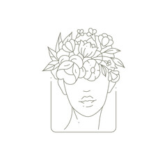 Abstract female head covered by floral bouquet at squared frame monochrome logo for cosmetic beauty