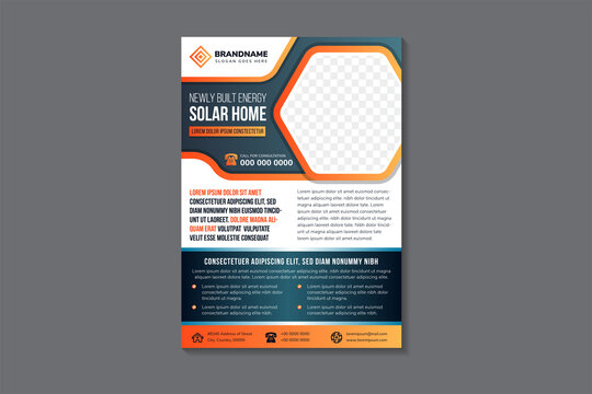 Built solar energy for home and apartment flyer design template. orange and blue on element. white on background. hexagon space for photo collage. Save energy vertical layout poster leaflet.