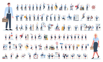 Businessman and businesswoman set. Office worker character with various poses