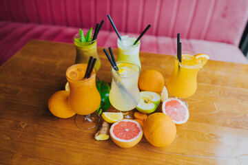 fresh fruits and juices on the table