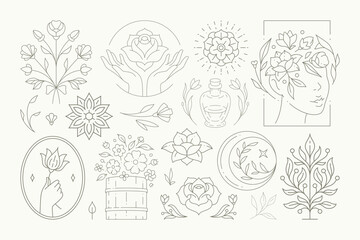Cute floral decorative blossom elements collection line art logo vector illustration romantic flower