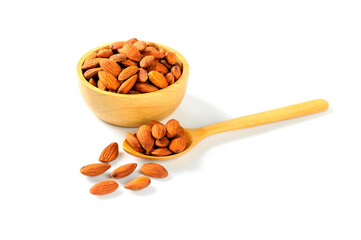 Almonds  in wooden bowl and spoon isolated on white background.