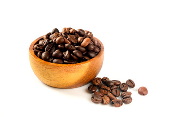 Roasted coffee beans in wooden bowl  isolated on white background.