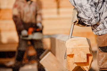 Carpenter worker with log wooden. Woodwork job, house frame building