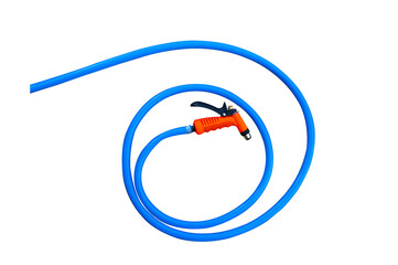 Equipment for watering garden. Hose and spray gun isolated on white background.Gardening hose with...