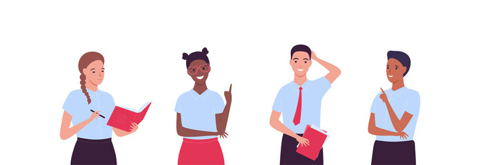 Education concept. Vector flat people illustration. Smiling boy and girl group of children isolated on white. Diverse europian, african, asian and hispanic school kid characters set.