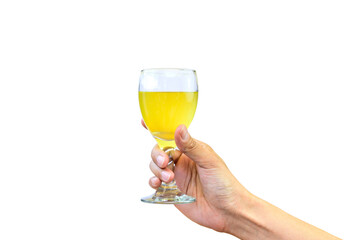 hand holding  glass of white wine isolated on white background