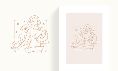 Esoteric mythic female naked body long hair carrying stars half moon abstract decorative frame set
