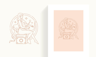 Antique woman goddess playing harp melody at abstract stars circle frame minimalist icon card