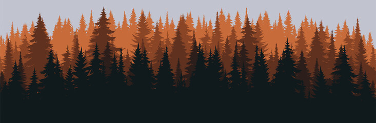 Vector mountains forest background texture, silhouette of coniferous forest, vector. Autumn season orange, yellow trees, spruce, fir. Horizontal landscape.