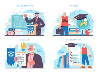 University professor concept set. Lecturer standing in front of chalkboard