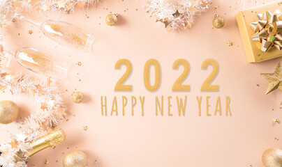 Happy New year celebration background concept. Golden gift box, stars, christmas ball and champagne...
