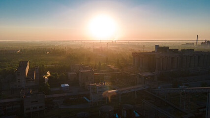 factory smoke from chimneys from a height panorama