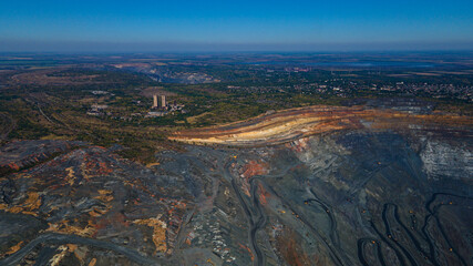 Fototapeta na wymiar Huge iron ore quarry iron ore quarry top view Aero photo shoot.