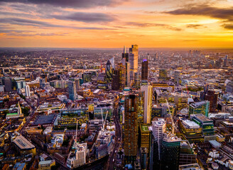 Aerial view of the City of London, a historic financial district, home to both the Stock Exchange...