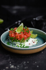 salmon and avocado tartare on a plate
