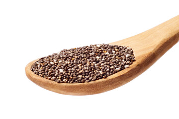 Chia seeds in wooden spoon on white background