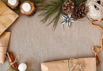 Christmas decorations on table background mockup