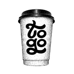 Coffee to go. Take away paper cup. Sketch with lettering in pointillism style. Modern brush calligraphy. Vintage black and white vector illustration.