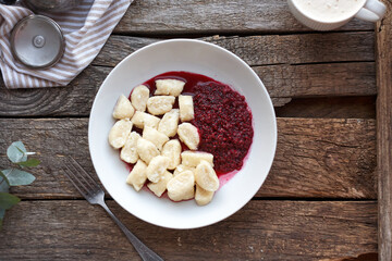 lazy curd dumplings and raspberry jam. Gnocchi	
