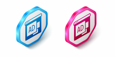 Isometric Advertising icon isolated on white background. Concept of marketing and promotion process. Responsive ads. Social media advertising. Hexagon button. Vector