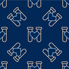 Line Test tube or flask with blood icon isolated seamless pattern on blue background. Laboratory, chemical, scientific glassware sign. Vector