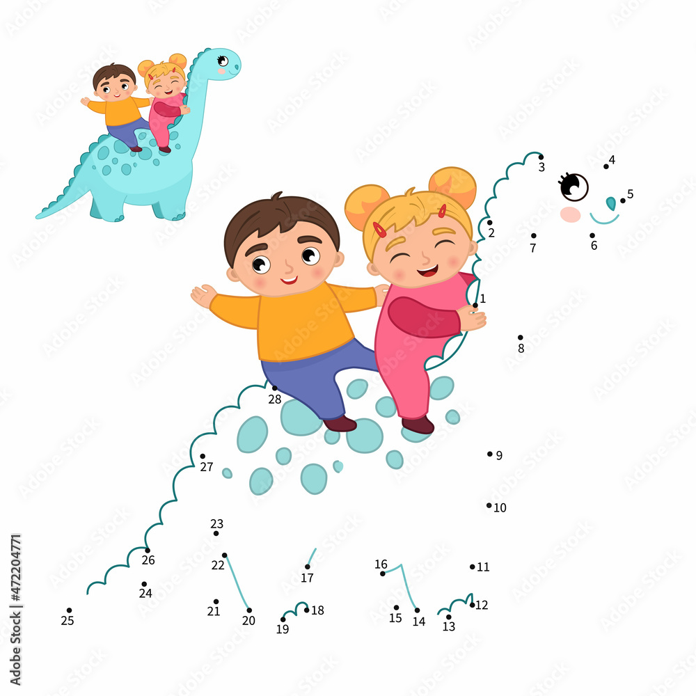 Poster educational game for kids. dot to dot game for children. cute boy and girl sitting on a dinosaur.