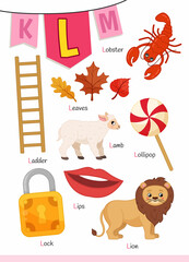 English alphabet with cartoon cute children illustrations. Kids learning material. Letter L. Illustrations lion, lobster, stairs, lollipop, lock.
