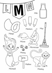 English alphabet with cartoon cute children illustrations. Kids learning material. Letter M. Illustrations mermaid, mango, monkey, mouse, money, microscope. Outline collection.
