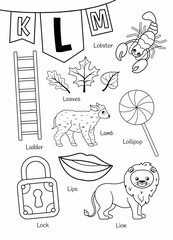 English alphabet with cartoon cute children illustrations. Kids learning material. Letter L. Illustrations lion, lobster, stairs, lollipop, lock. Outline collection.
