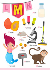 English alphabet with cartoon cute children illustrations. Kids learning material. Letter M. Illustrations mermaid, mango, monkey, mouse, money, microscope.
