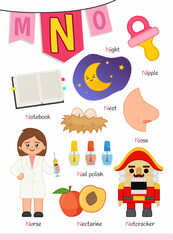 Fototapeta premium English alphabet with cartoon cute children illustrations. Kids learning material. Letter N. Illustrations nurse, nectarine, nutcracker, notepad, night. 