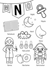 English alphabet with cartoon cute children illustrations. Kids learning material. Letter N. Illustrations nurse, nectarine, nutcracker, notepad, night. Outline collection.
