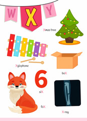 English alphabet with cartoon cute children illustrations. Kids learning material. Letter X. Illustrations xylophone, x-ray, box, fox.
