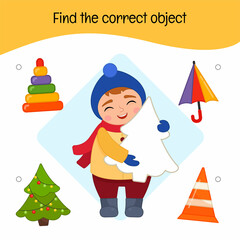 Educational  game for children. Find the correct object. Kids activity with cute boy with a tree in his hands.