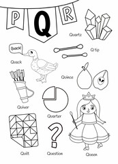 English alphabet with cartoon cute children illustrations. Kids learning material. Letter Q. Illustrations quartz, queen, quarter, quince, quiver, question. Outline collection.
