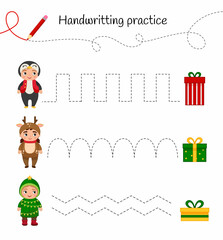 Handwriting practice sheet. Basic writing. Educational game for children. Give each child a gift.