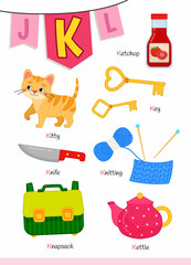 English alphabet with cartoon cute children illustrations. Kids learning material. Letter K. Illustrations kitten, ketchup, key, knitting, knife, kettle.
