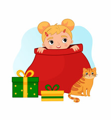 Vector illustration of a cute little girl peeking out of a christmas bag.
