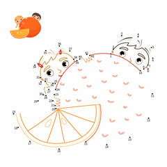 Educational game for kids. Dot to dot game for children.Cute boy and girl hiding behind a big orange.