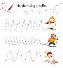 Handwriting practice sheet. Basic writing. Educational game for children. Winter sports illustration.
