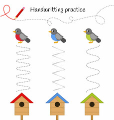 Handwriting practice sheet. Basic writing. Educational game for children. Help the birds get to the house.