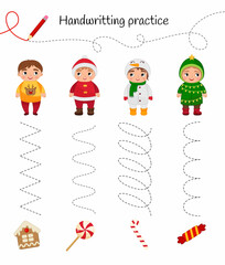 Handwriting practice sheet. Basic writing. Educational game for children. Give the children sweets.
