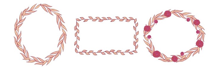 Decorative beige frames with flowers, square and oval on a white background - isolated elements