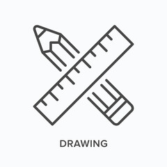 Drawing flat line icon. Vector outline illustration of pencil and ruler. Black thin linear pictogram for school instrument