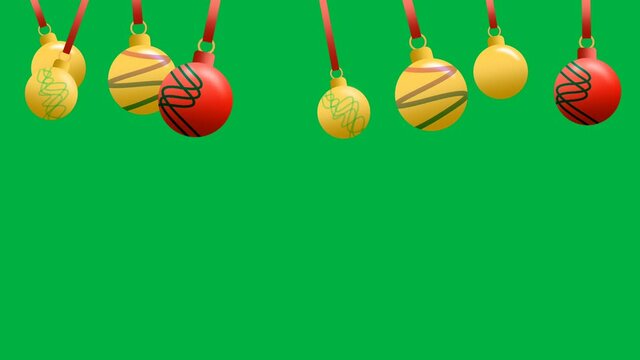 Swinging 3D Christmas Balls Isolated On Green Screen. Concept For Celebrat And Greeting Xmas.