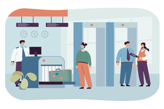 Airport security conducting check of passengers and luggage. Cartoon male and female characters walking through metal detector at gate flat vector illustration. Safe flight, security check concept
