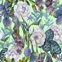 Tropical floral seamless pattern. Background with white roses, orchids and green exotic leaves