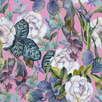 Tropical floral seamless pattern. Background with white roses, orchids and green exotic leaves © Арина Трапезникова